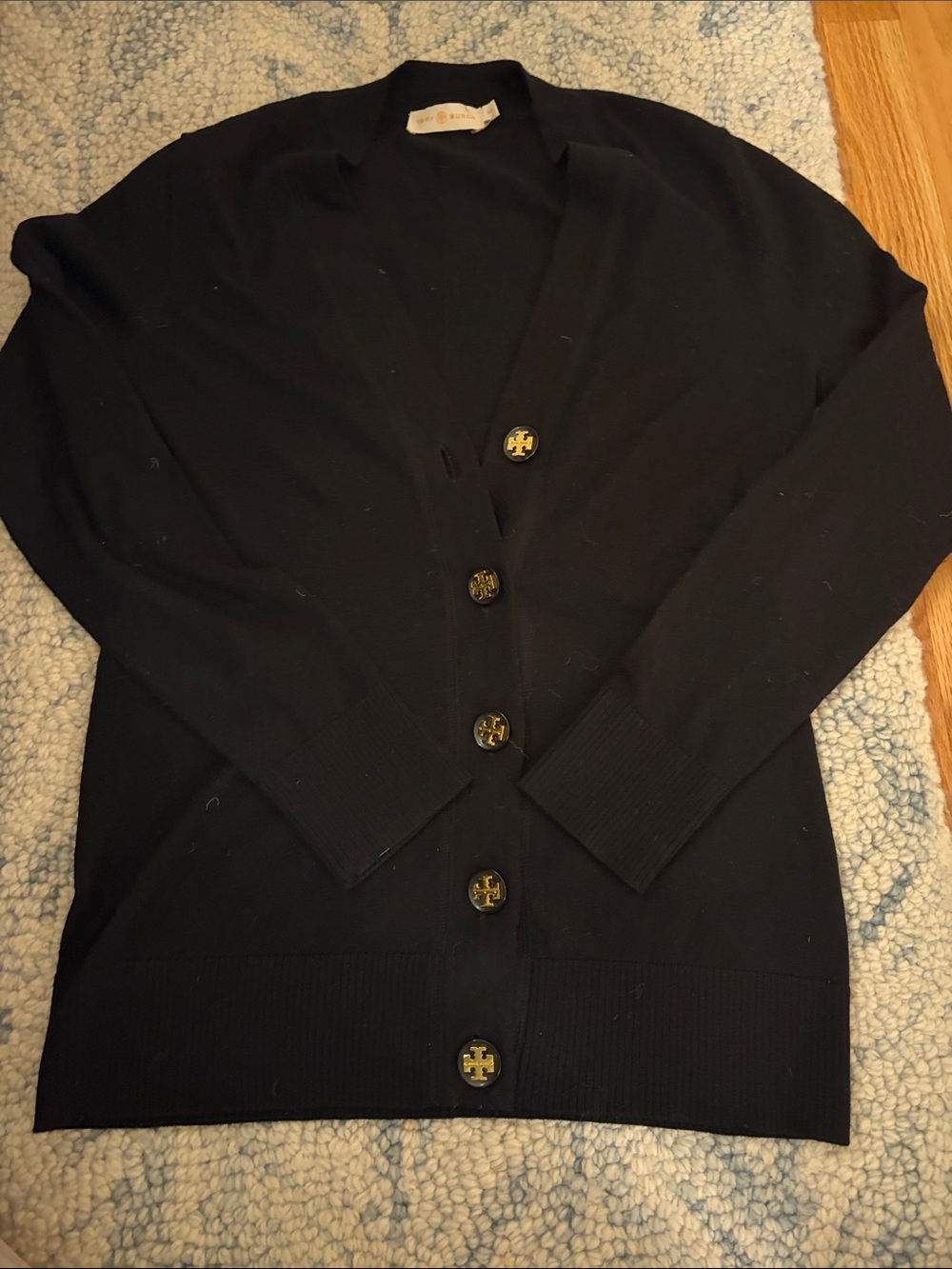 Tory Burch Black V‑Neck Logo Button Cardigan